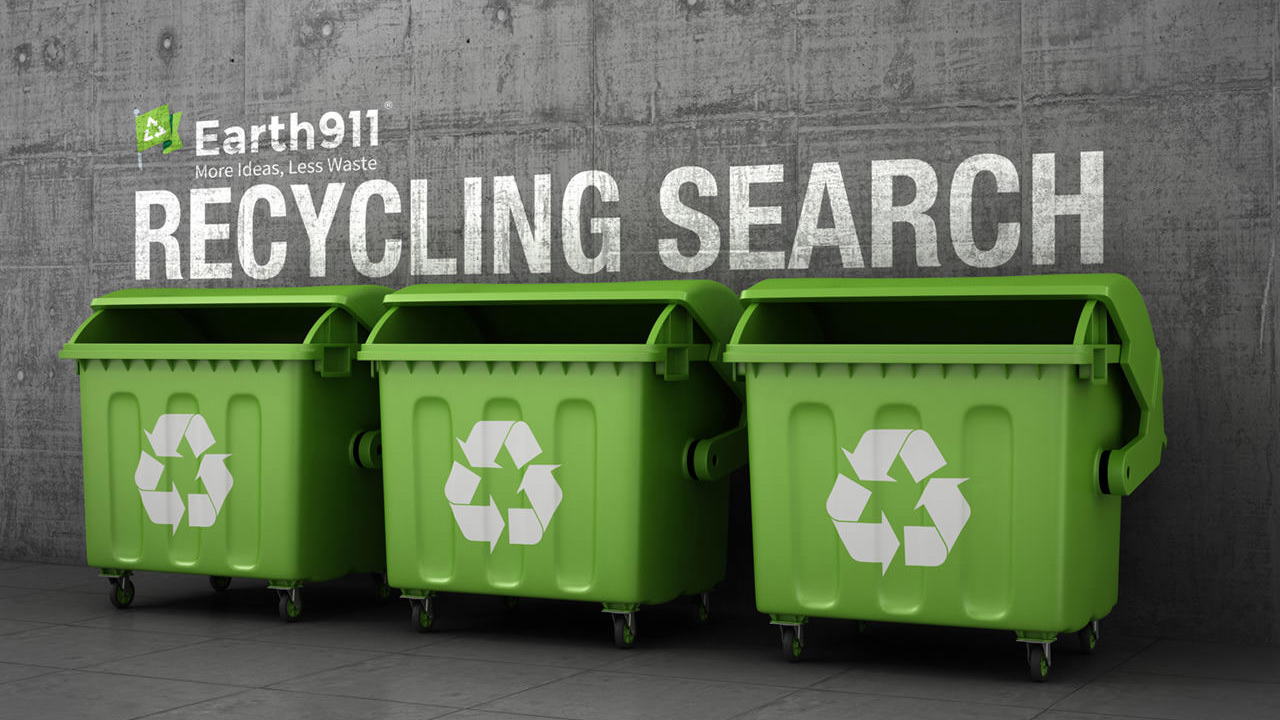 three green recycling bins Earth911 Recycling Search written above them