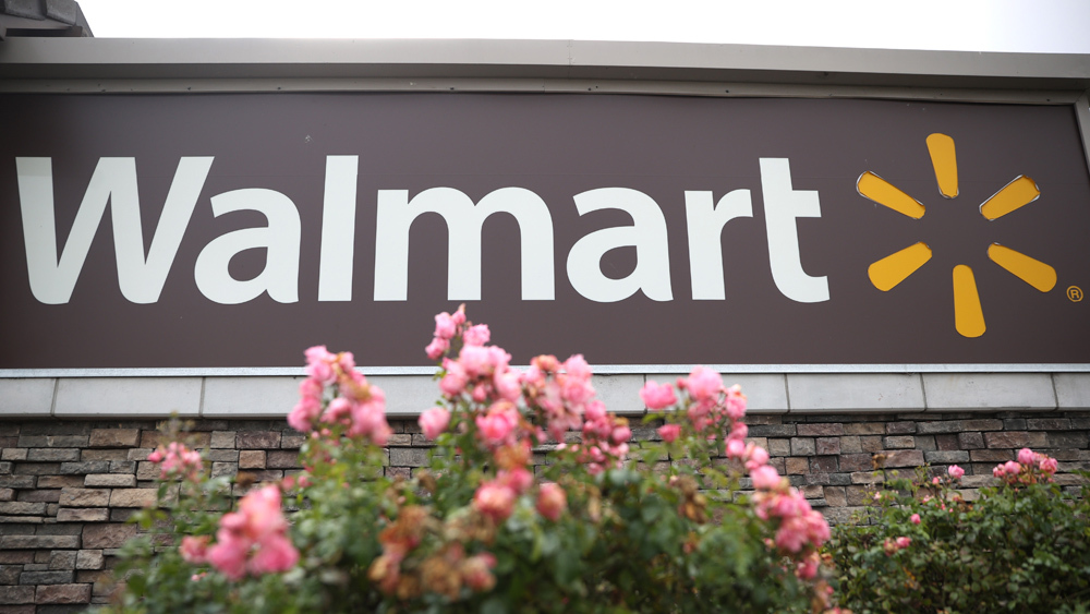 close up of Walmart logo on store with flowers in foreground