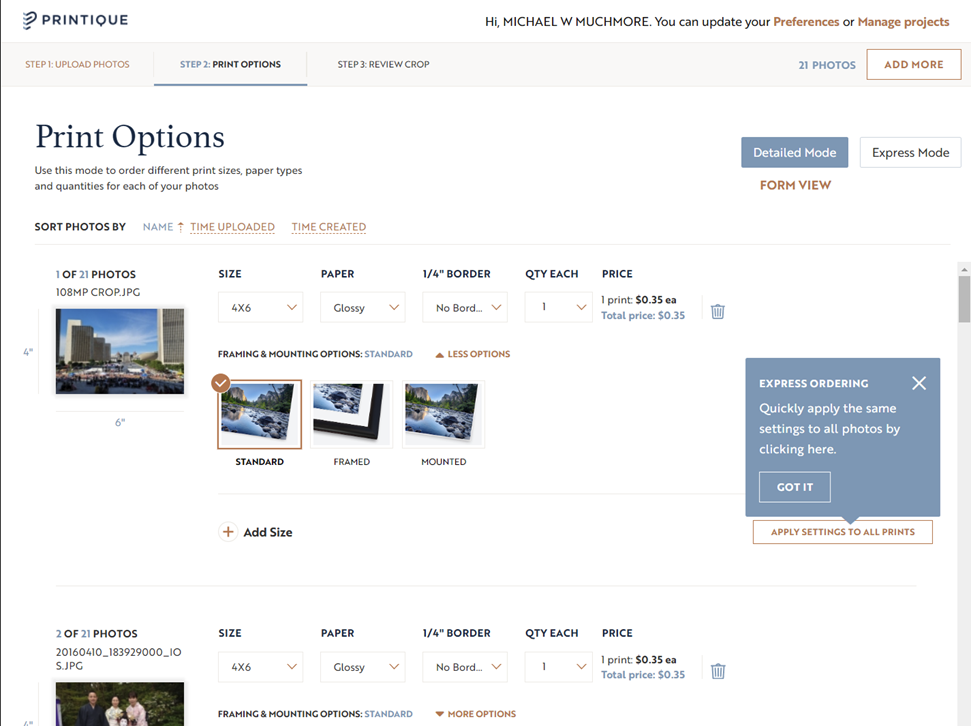 Printing options in Printique