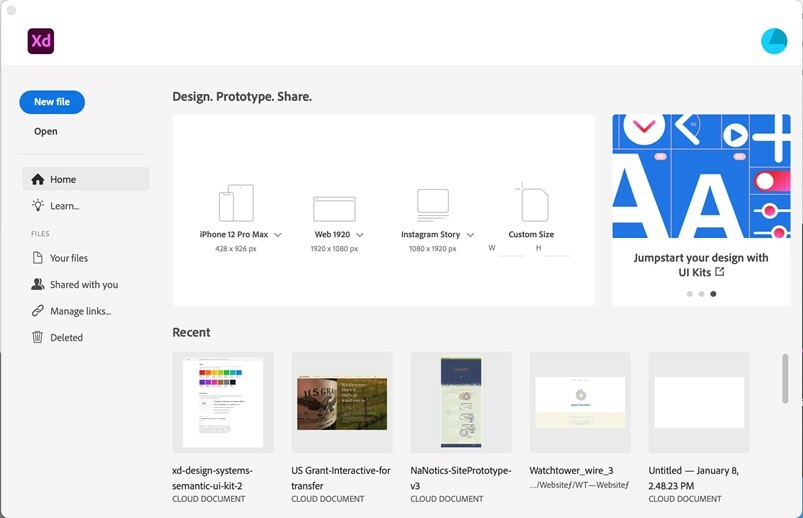 Adobe XD’s home screen
