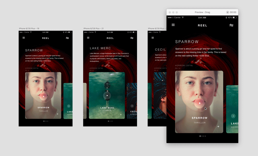 Mobile sized screen images showing auto-animate in Adobe XD