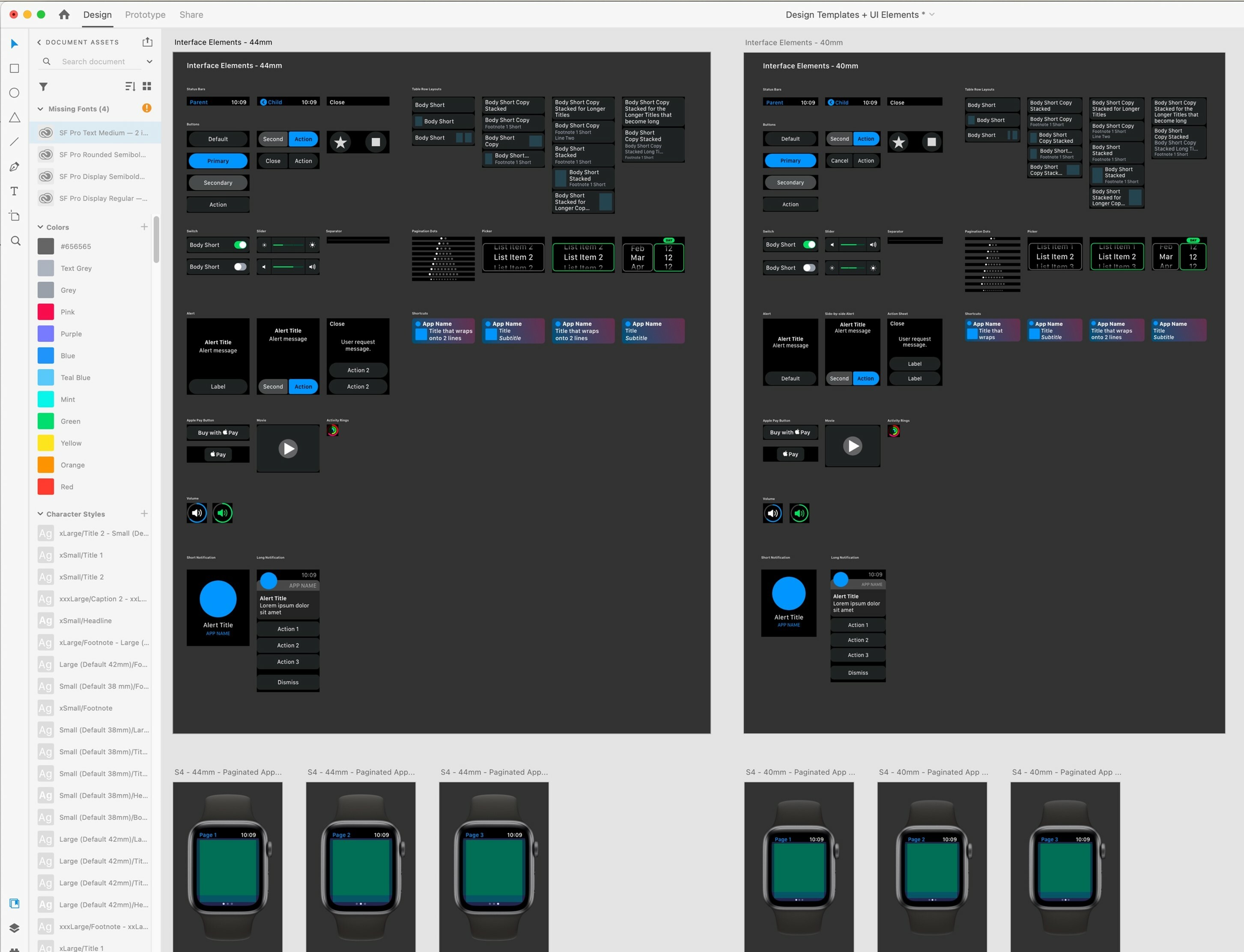 A section of the Apple Watch UI design system shown in Adobe XD