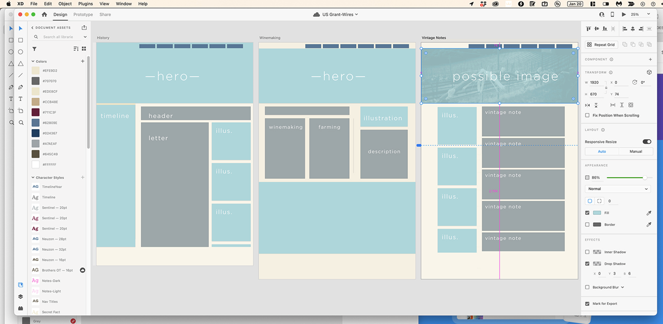 A lo-fi wireframe in XD based on the preliminary sketch above.