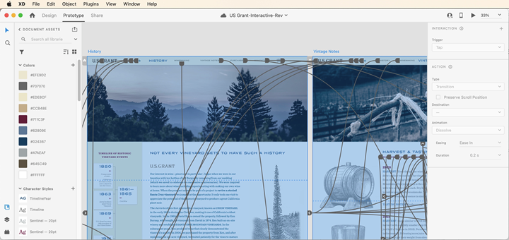 A closeup of wired connections in Adobe XD's Prototype mode