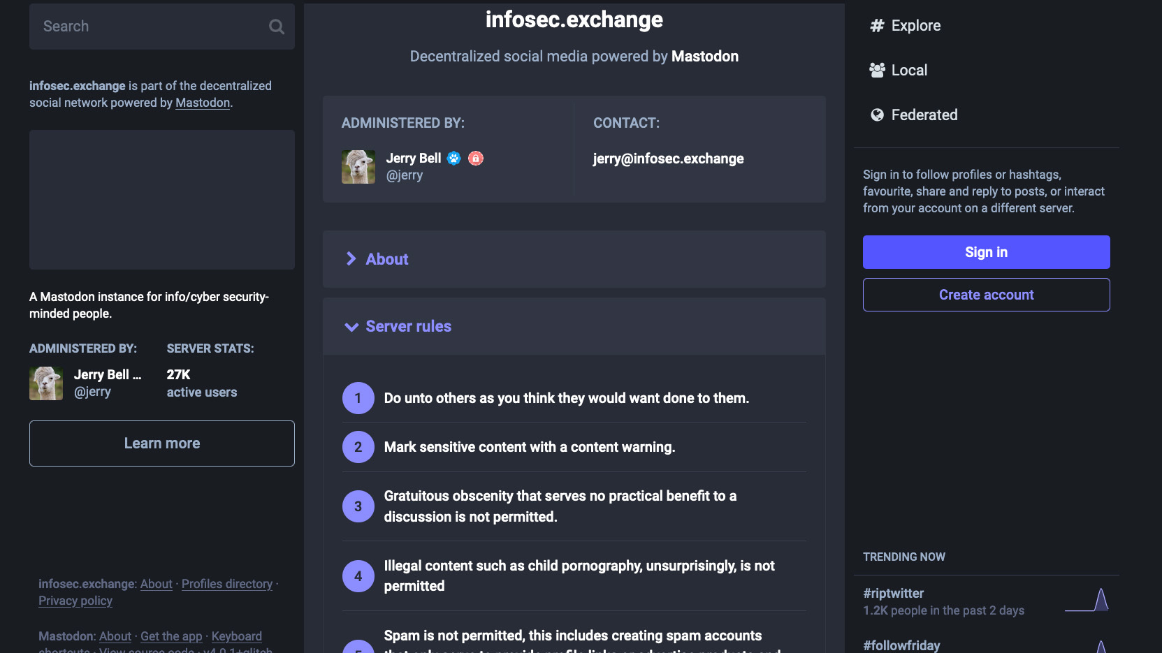 The About page for Infosec.exchange, showing a list of rules for ther server