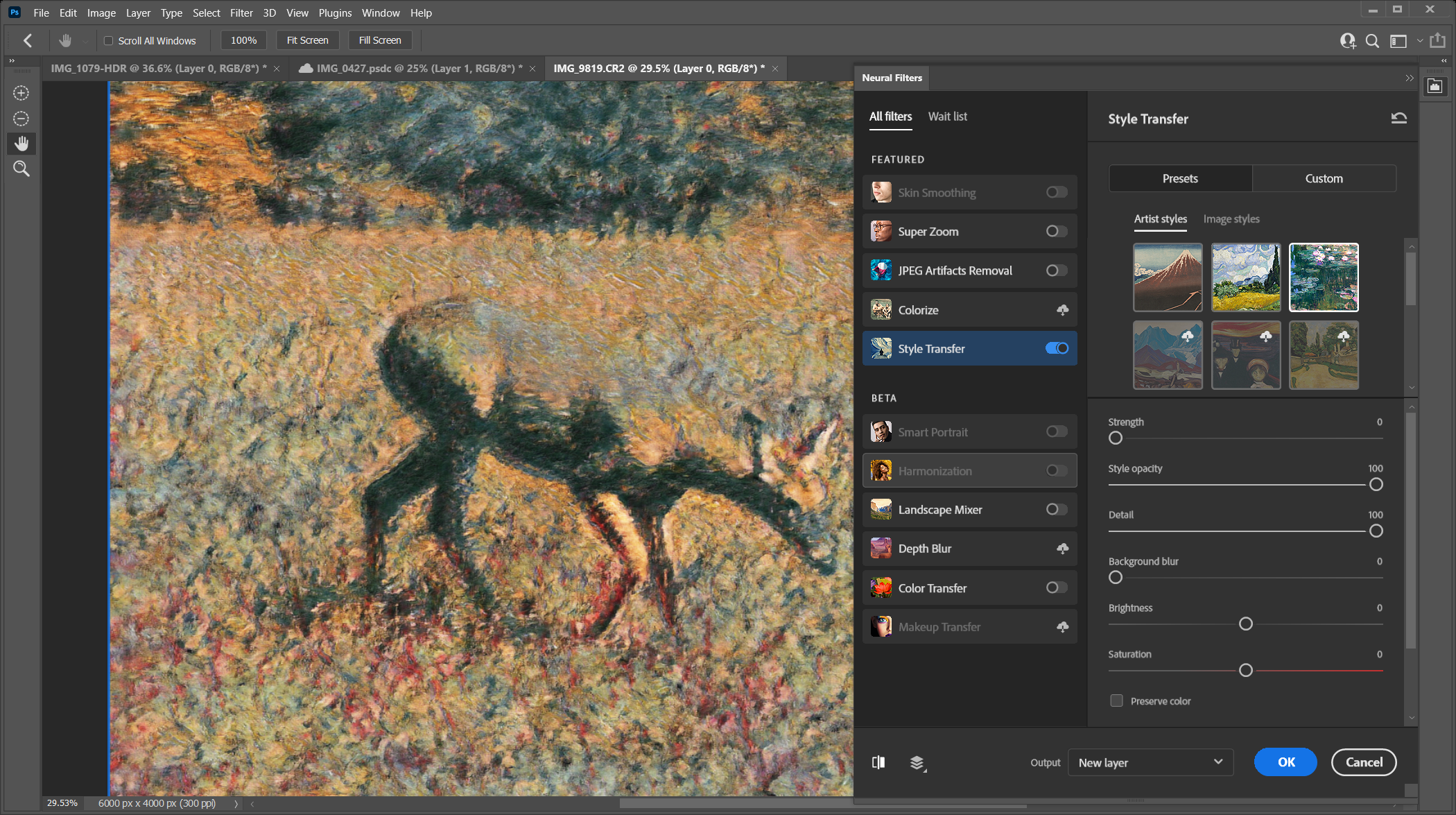 Style Transfer neural filter in Photoshop