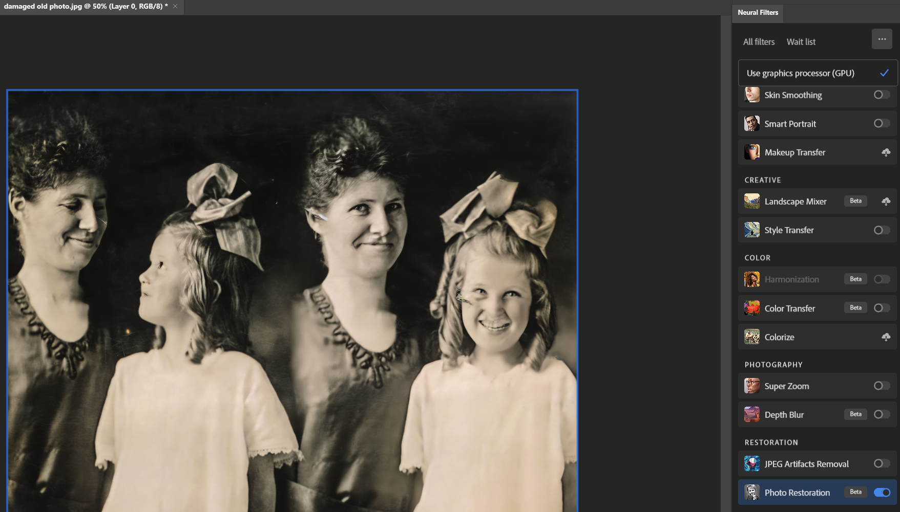 Photo Restoration Neural Filter in Adobe Photoshop