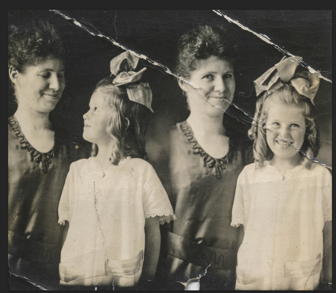 An old damaged photo showing two sets of a woman with a young girl with deep creases on the photo