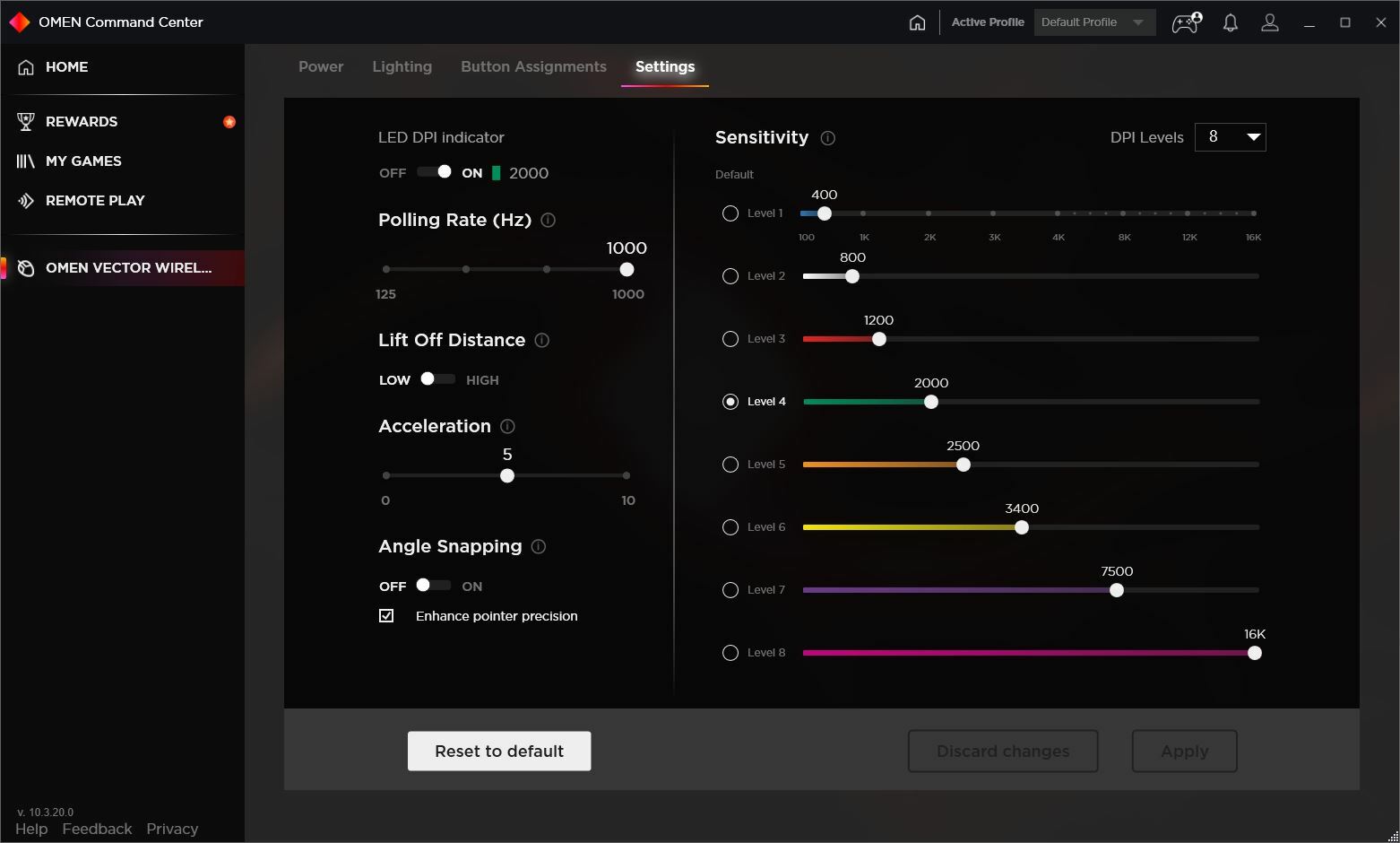 HP Omen Vector Wireless Gaming Mouse sensitivity settings