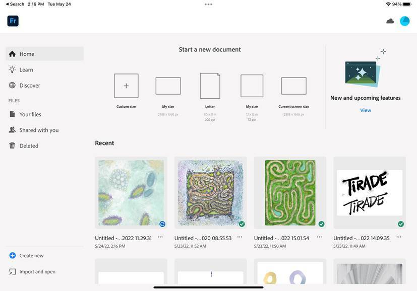 Adobe Fresco’s Home screen overview
