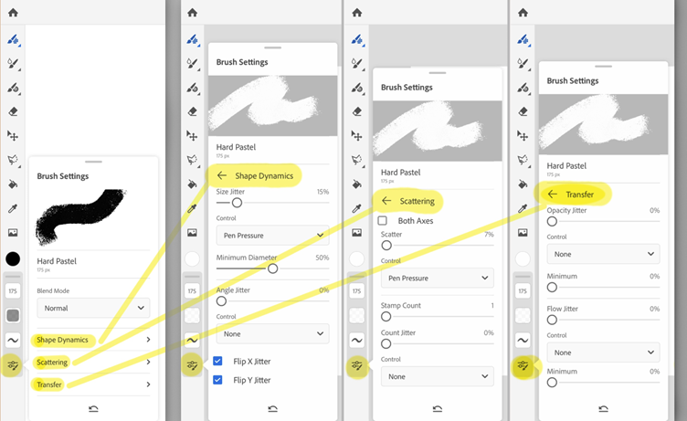 Typical Brush Settings options in Fresco.