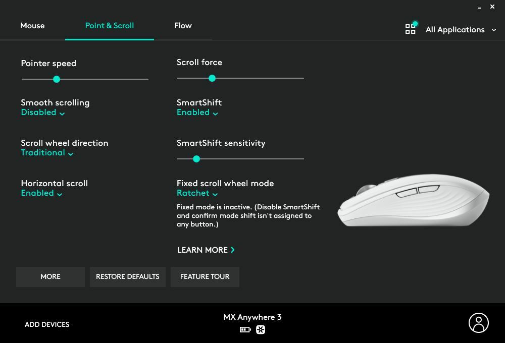 Logitech MX Anywhere 3 Wireless Mouse point and scroll settings