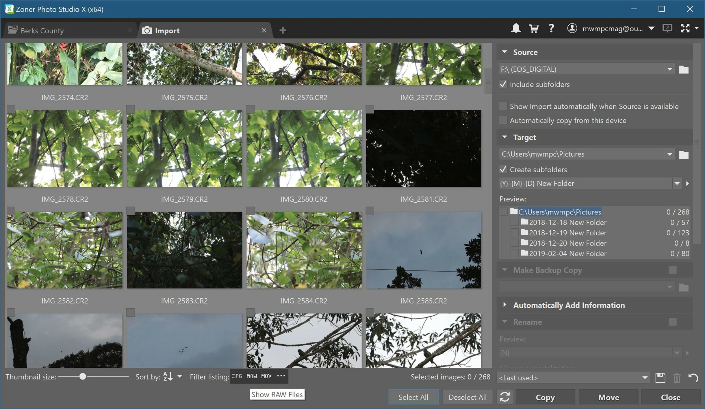 Import options in Zoner Photo Studio