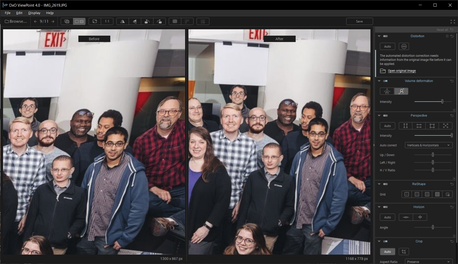 DxO ViewPoint volume deformation correction on group photo
