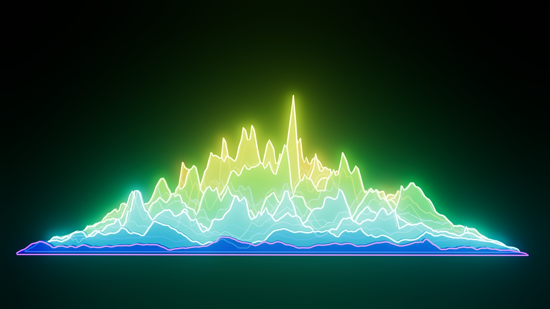 A blue and yellow glowing mass with a craggy, mountain-like top against a black background, created in Cinema 4D