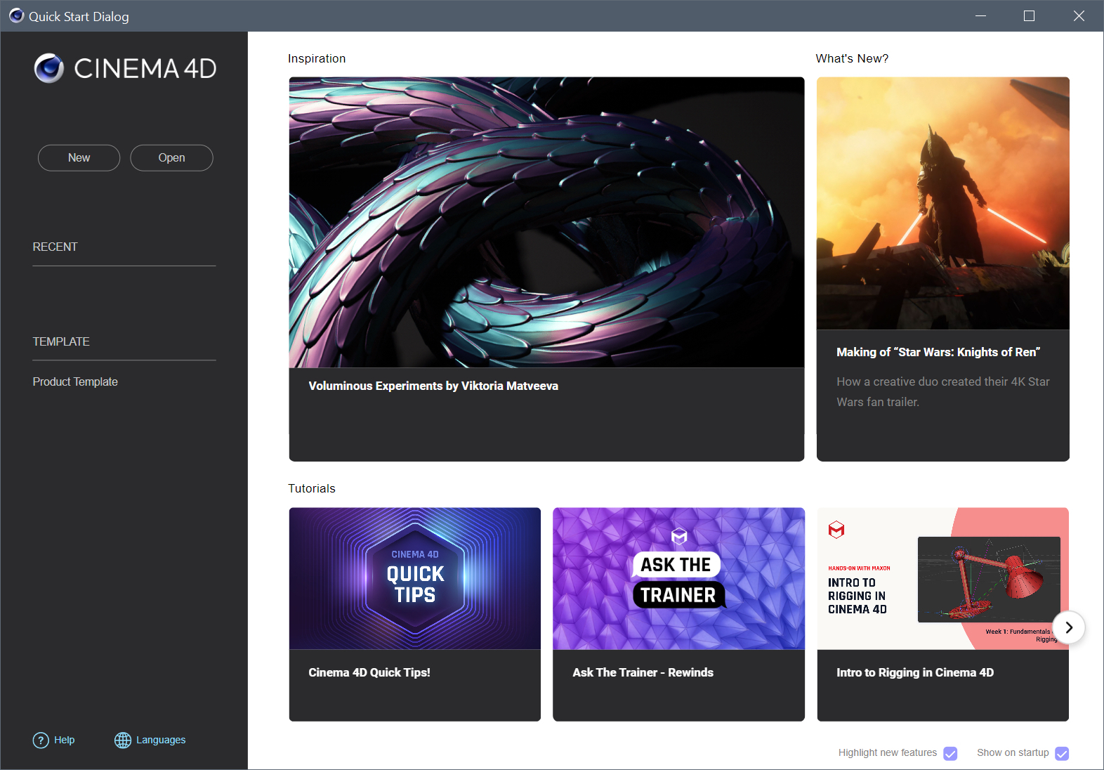 Cinema 4D quick start screen