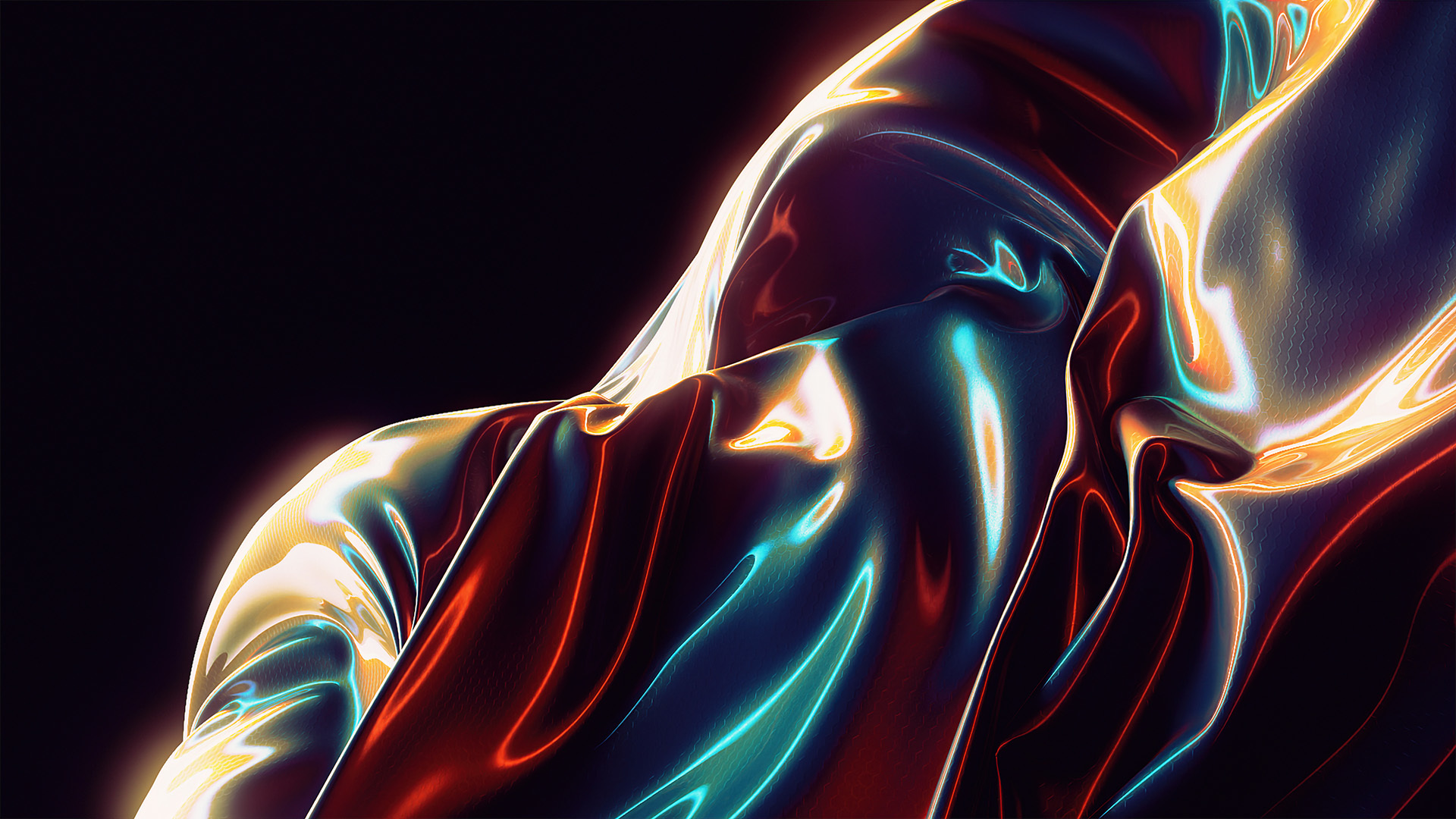 Colorful smooth and curving 3D shapes illuminated against a black background created using Cinema 4D