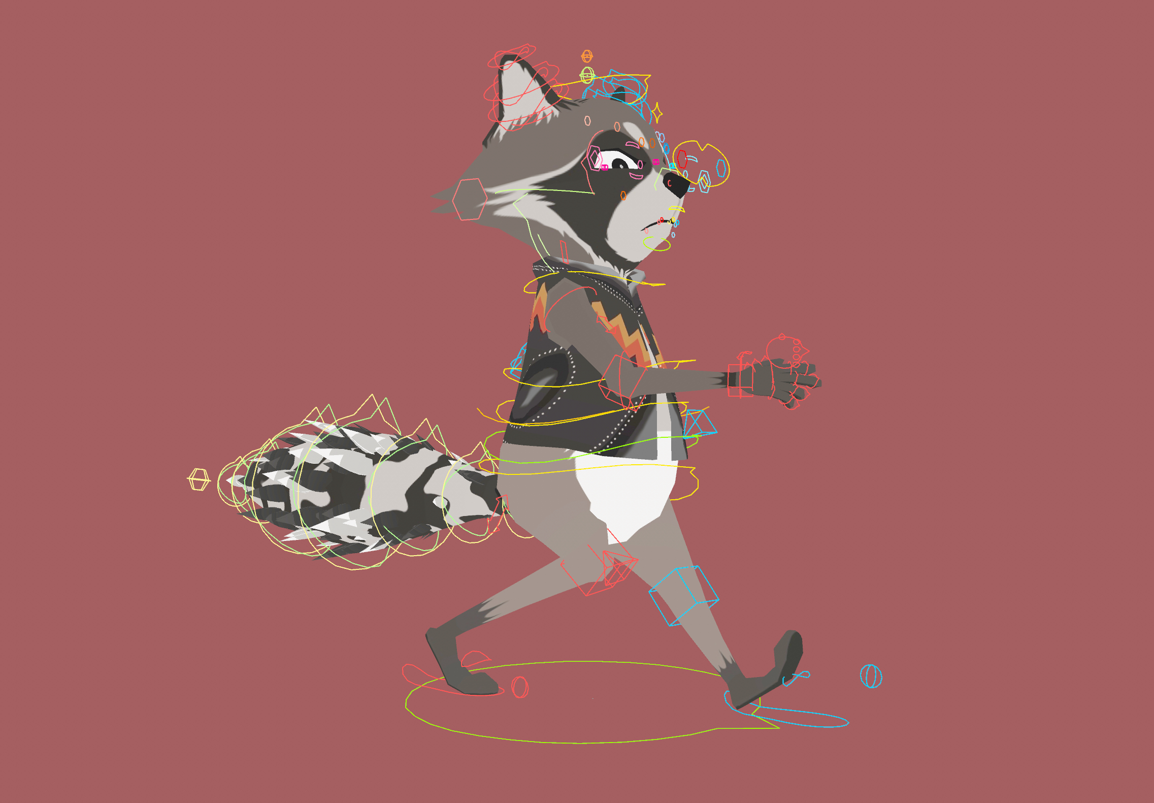 A rig of a cartoon raccoon on two hind legs being animated to walk