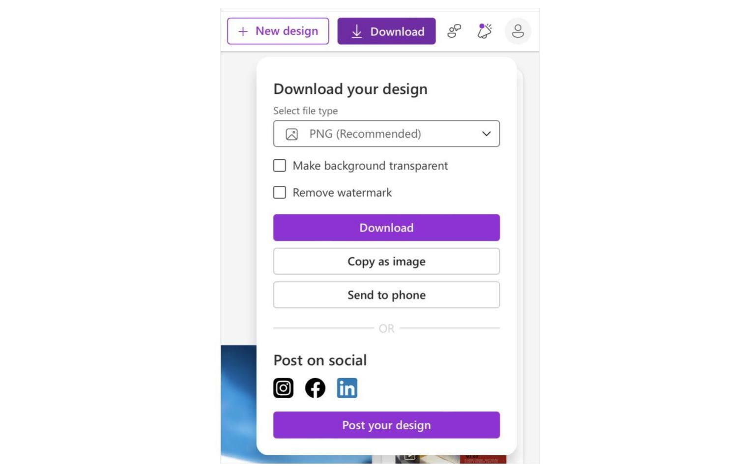 Exporting options in Microsoft Designer