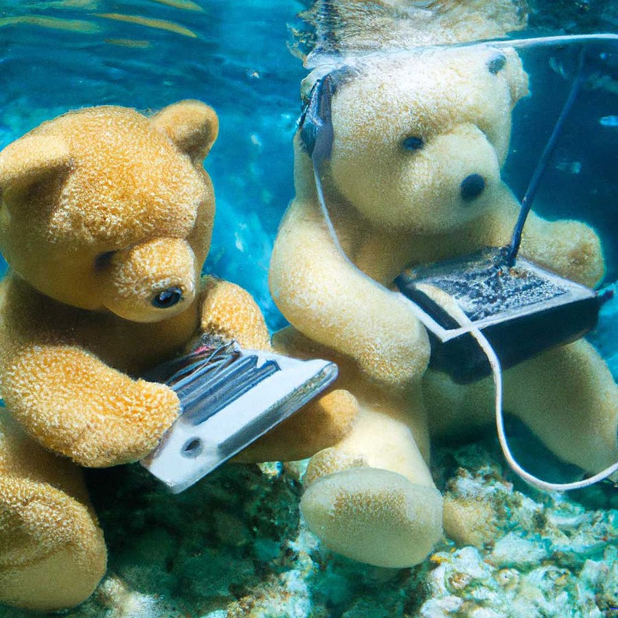 Two teddy bears sitting under water holding keyboards for typing