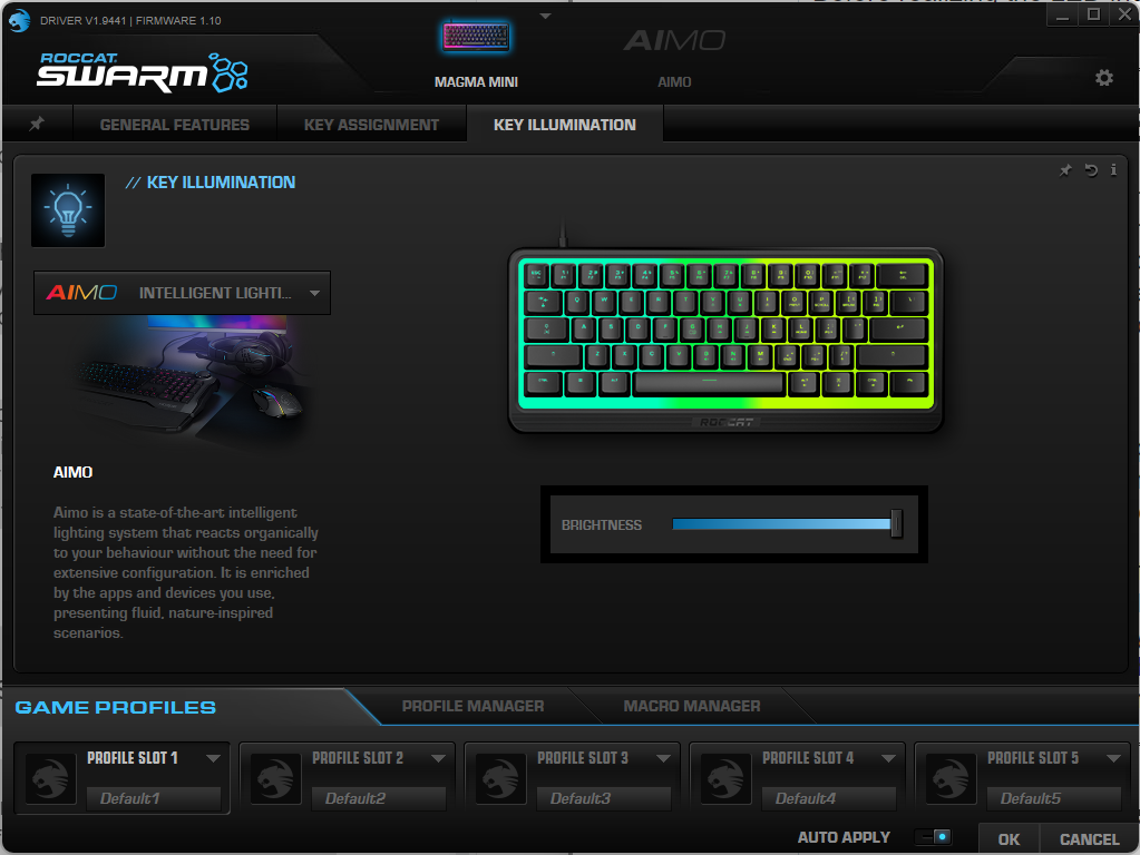 A screenshot of the Roccat Swarm utility for the Roccat Magma Mini