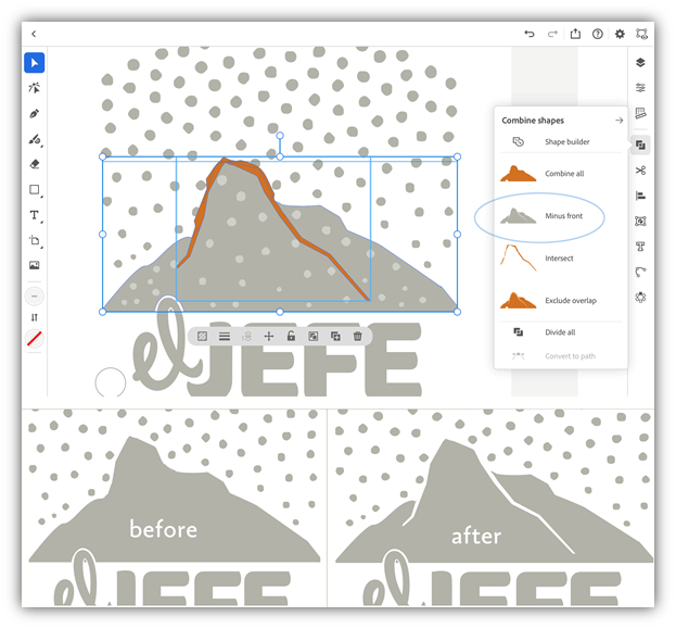 Adobe Illustrator on the iPad Real-time path operation results within the Combine Shapes panel.