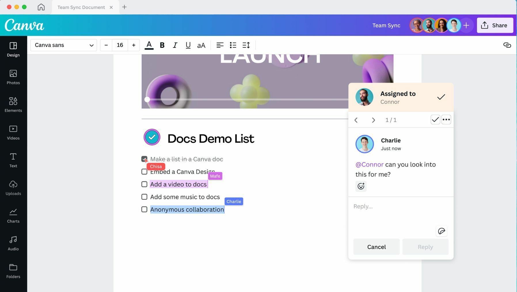 A collaboration session that includes a checklist being done in Canva