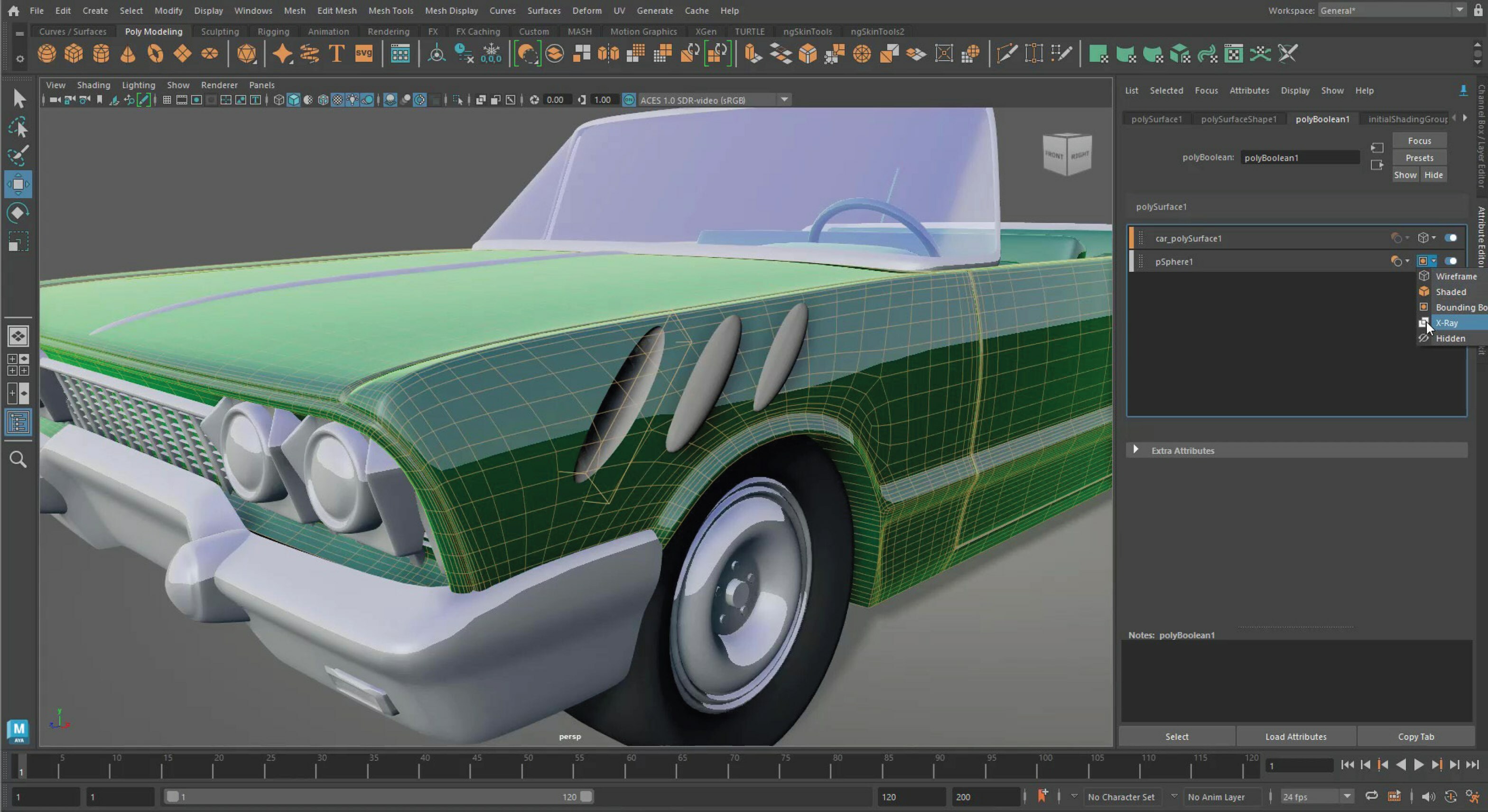 Using Boolean operators in Maya on a model of a car