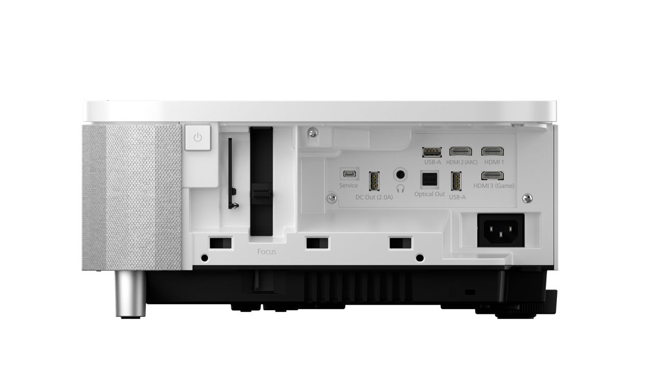 The right side (from the viewer's perspective), with the cover off, showing the ports and focus control of Epson EpiqVision Ultra LS800 3-Chip 3LCD Smart Streaming Laser Projector