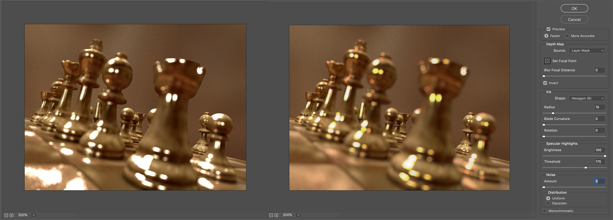 The old Lens Blur (left) and the new, GPU-enhanced blur, with hexagonal bokeh (right)