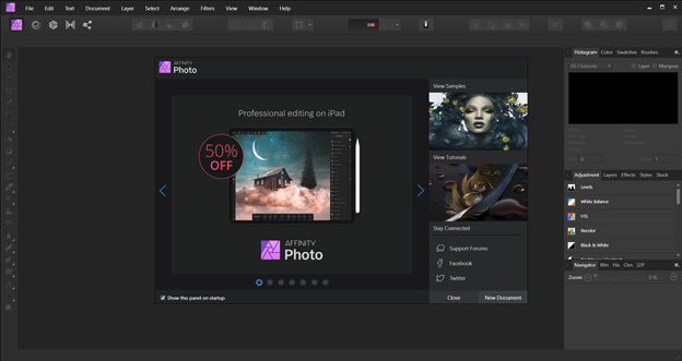 Serif Affinity Photo welcome page