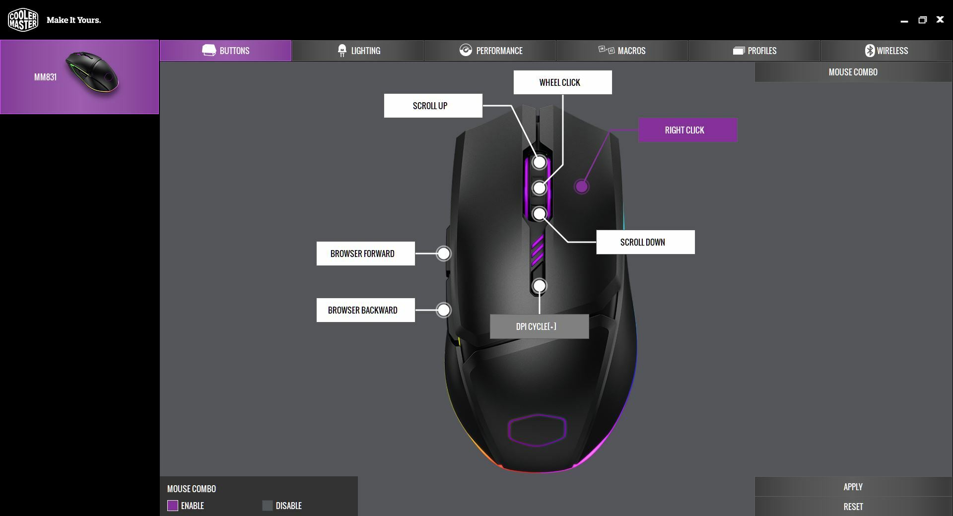 Cooler Master MM831 button settings