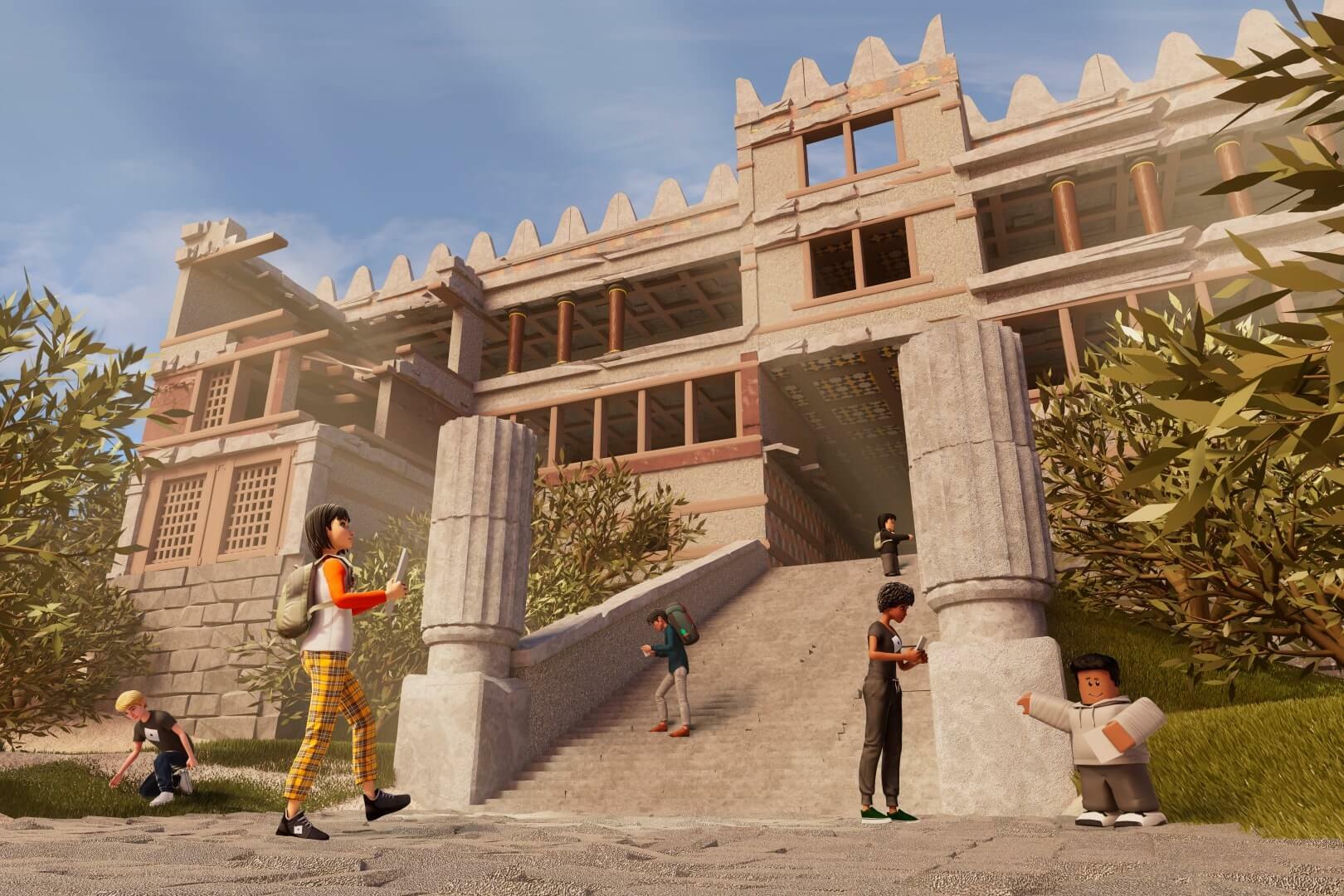 Roblox player avatars explore outside a decrepit building