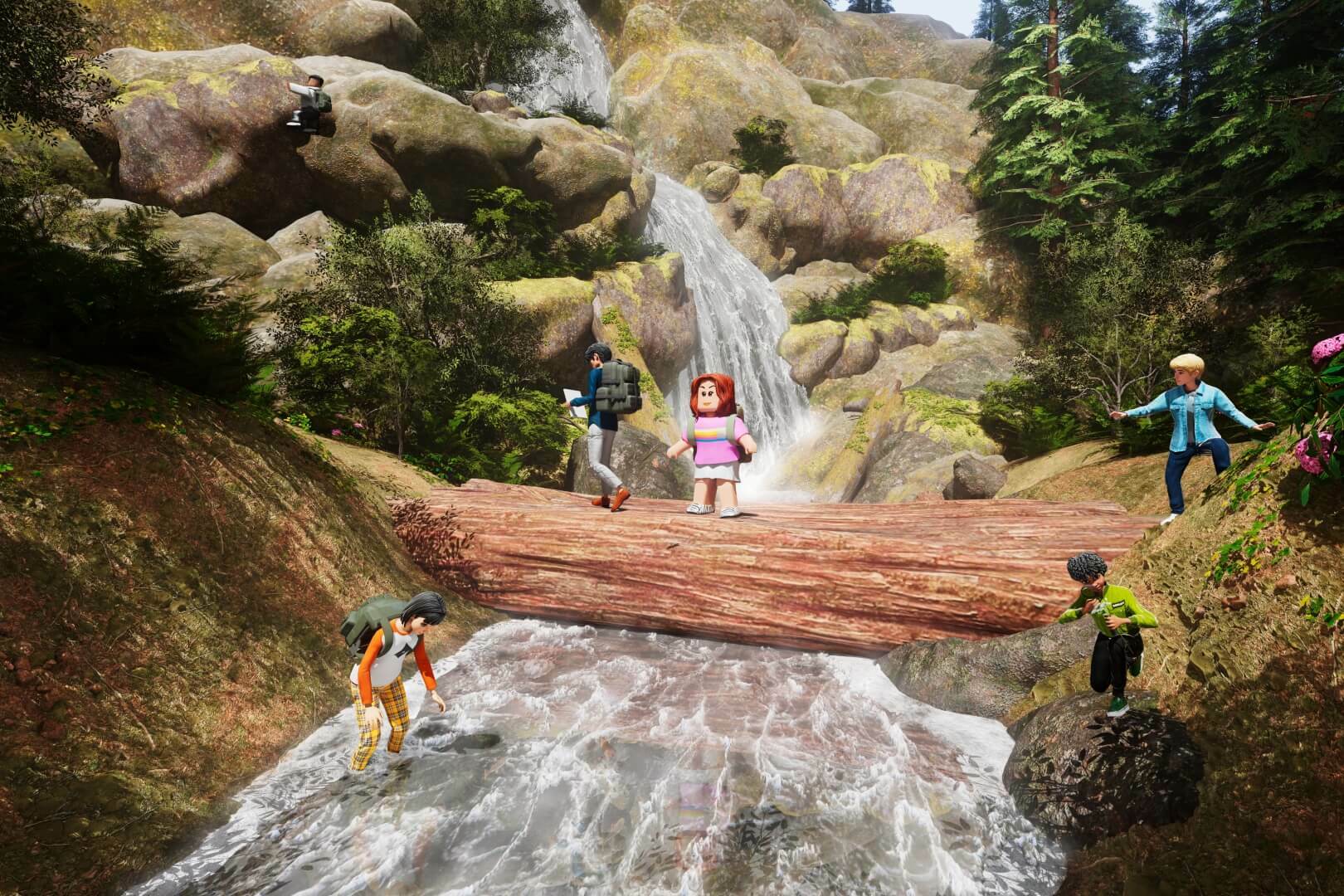 Roblox player avatars walk along a log over a stream while another player wades in the water