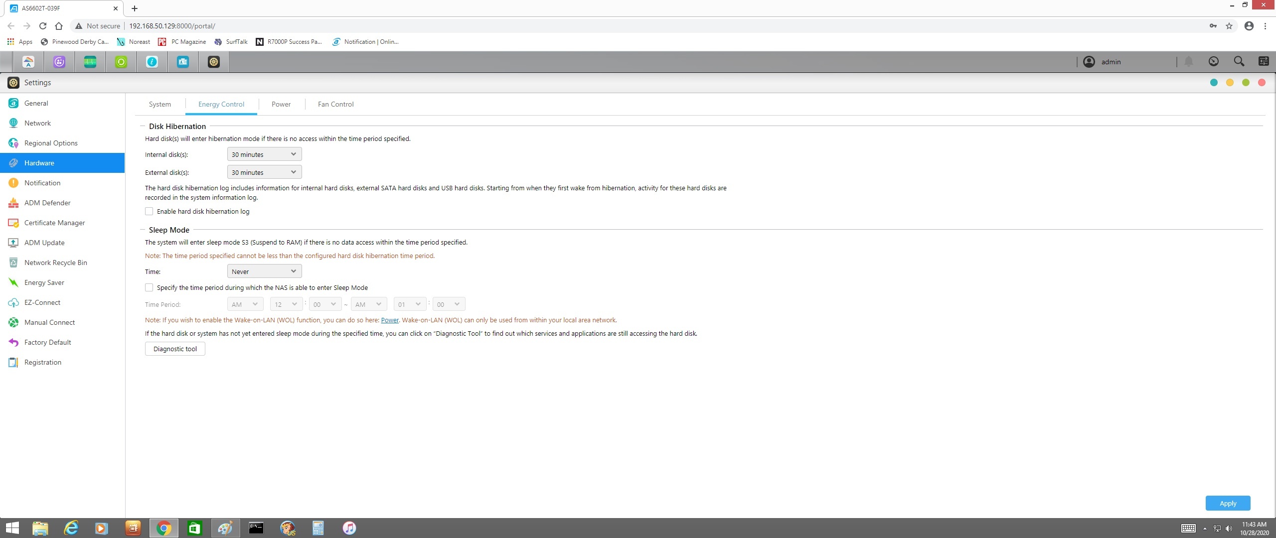 Asustor Lockerstor 2 (AS6602T) energy control settings