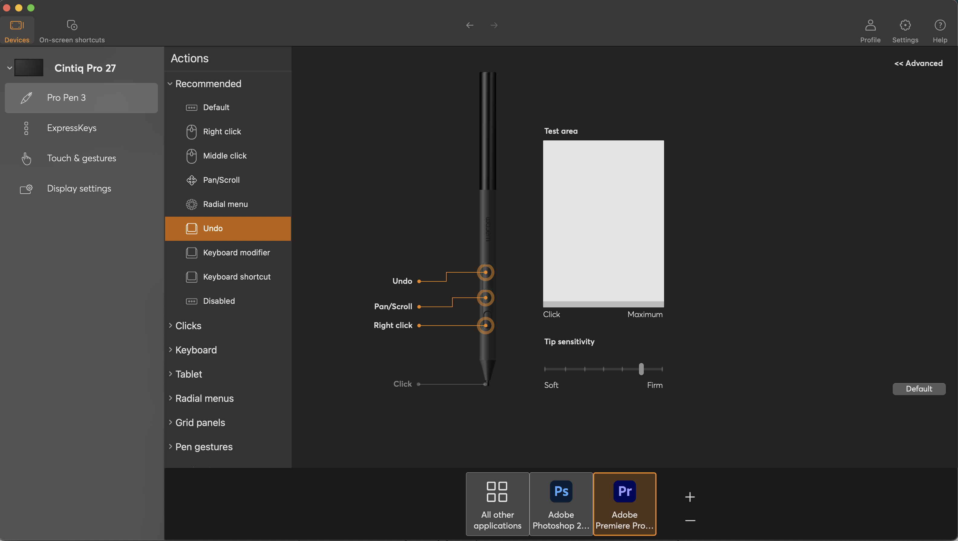 The Wacom Center app pen settings