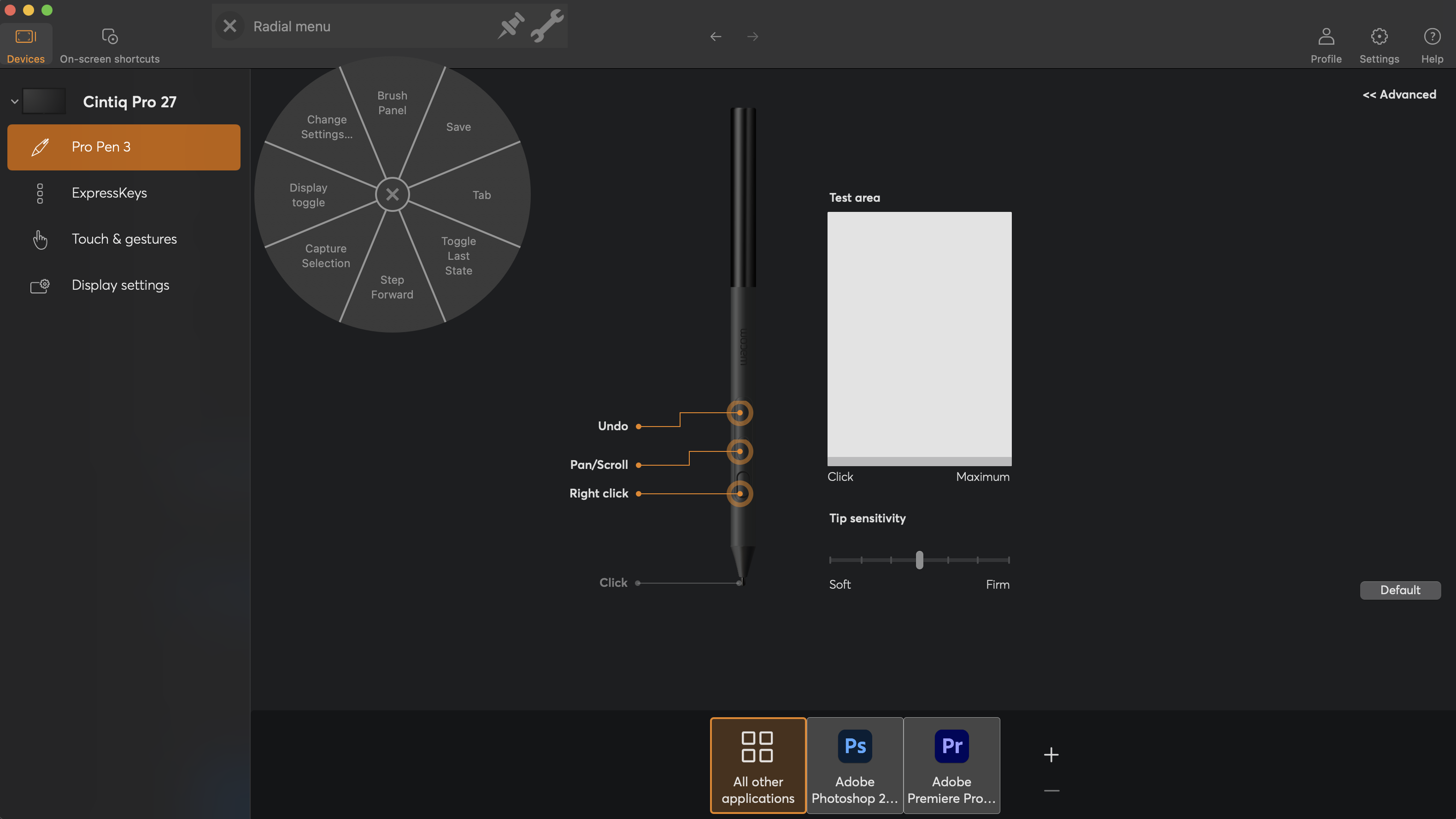 The Wacom Center app radial menu