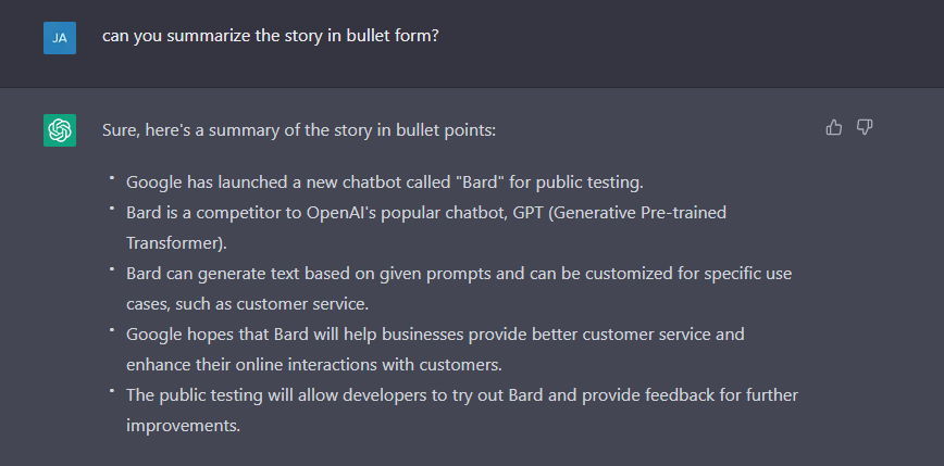 bulleted summary from chatgpt