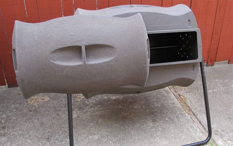 Two-Batch Tumbling Composter from Gardener's Supply - on stand