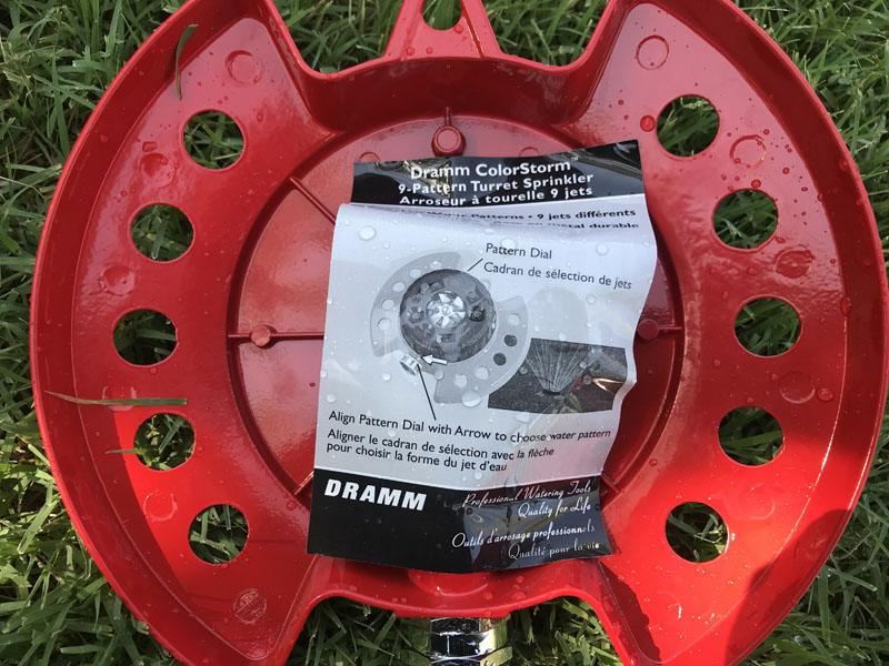 Dramm ColorStorm 9-Pattern Turret Sprinkler sticker on back