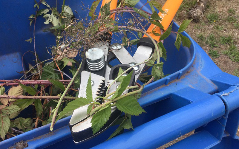 FiskarsCut-and-Grab Lopper with multiple vines twisted around lopper