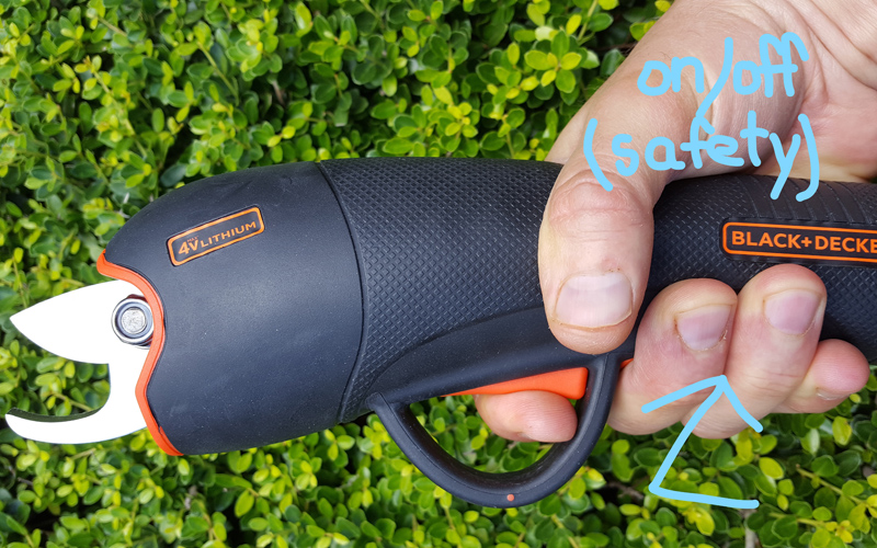Black & Decker’s cordless pruner model BD1168 on off switch