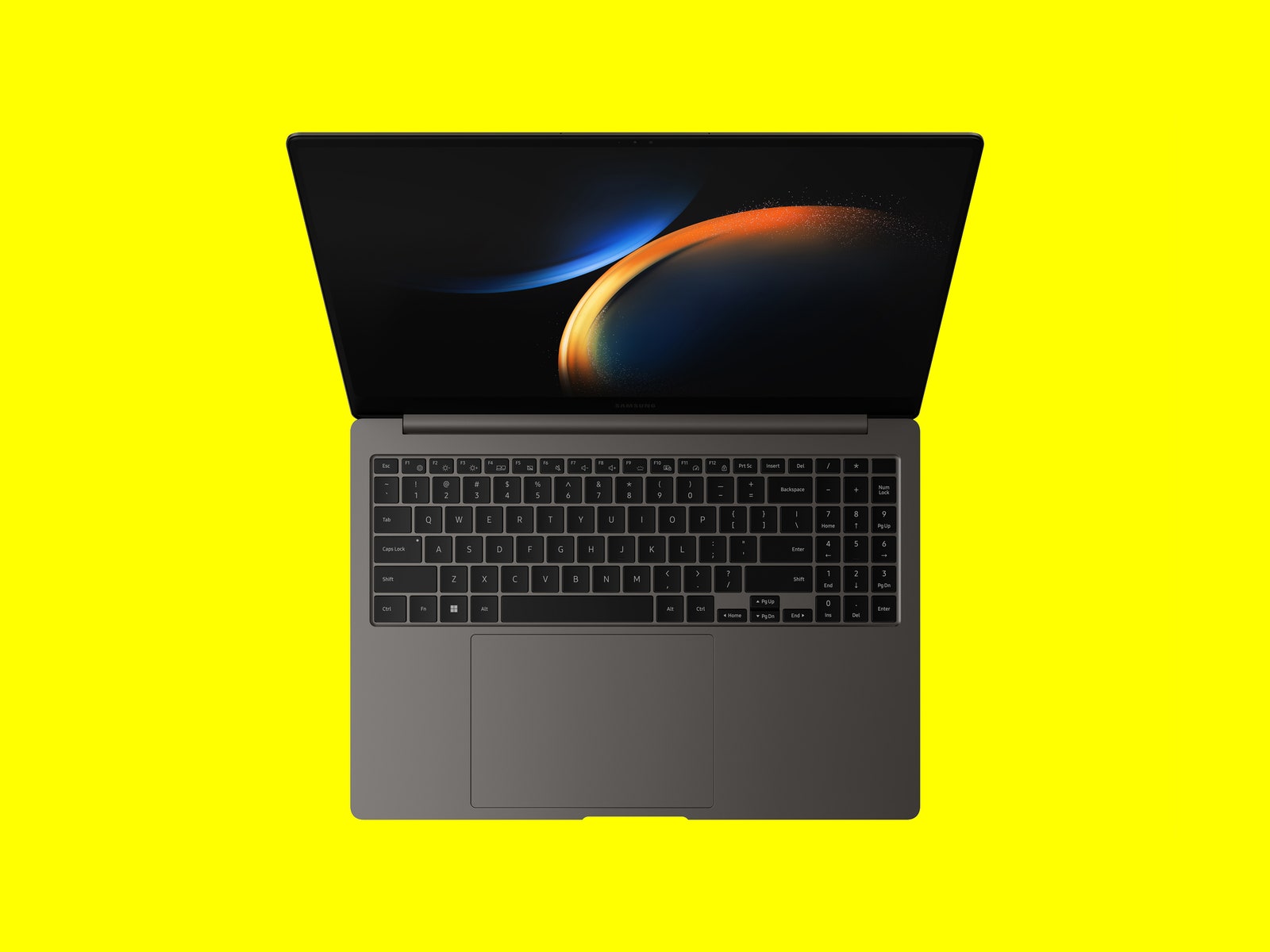 Samsung Galaxy Book3 Ultra laptop on yellow backdrop